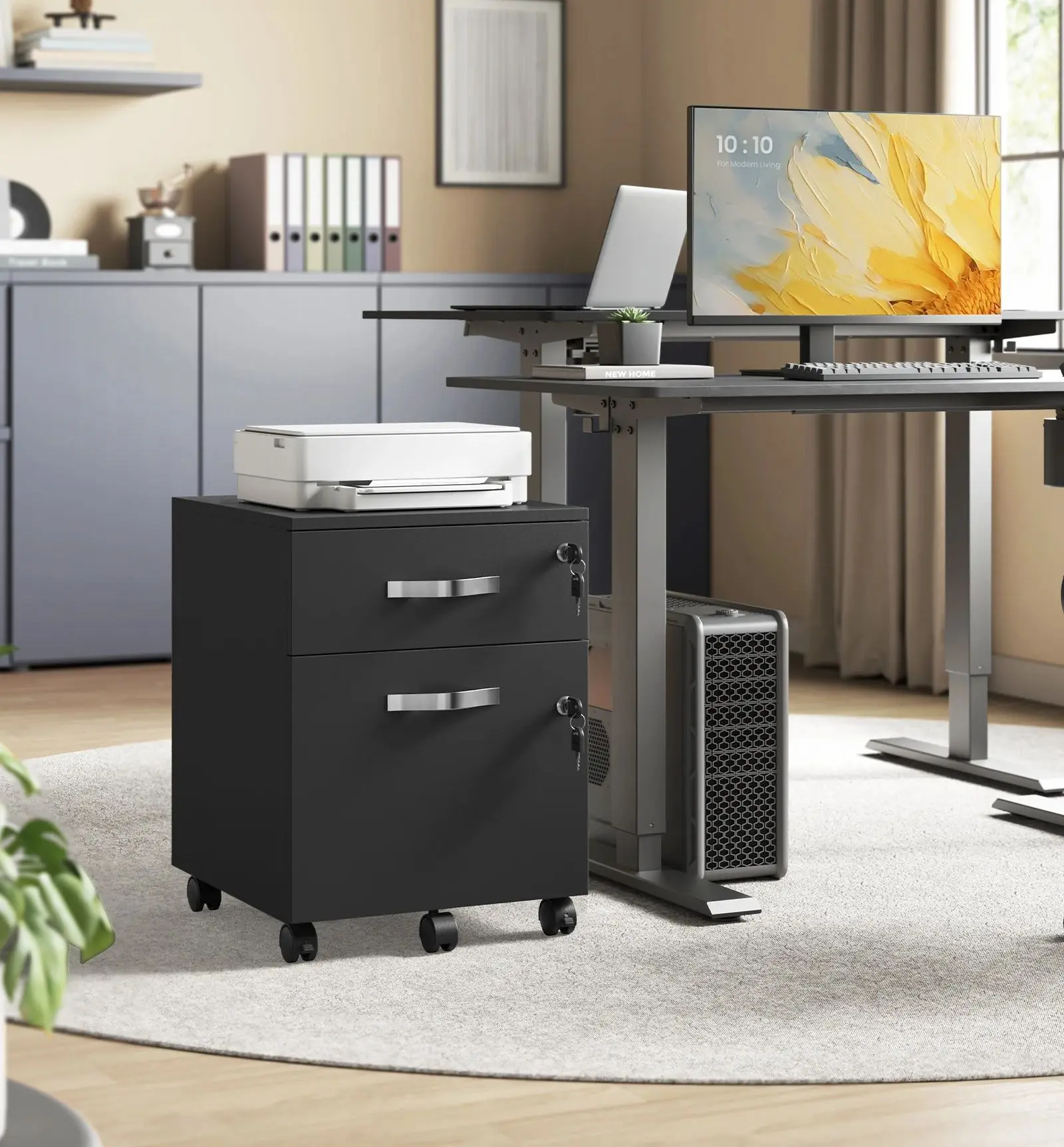 VASAGLE Rollcontainer, abschließbar, Aktenschrank mit 2 Schubladen, 5 Rollen, schwarz Image