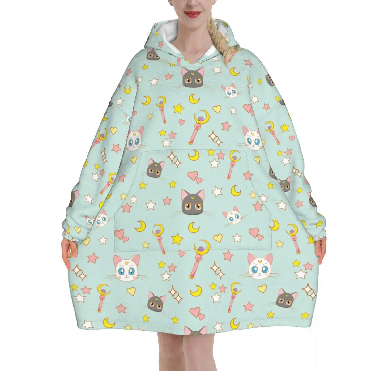 Cat Luna Sailors Moon Tragbare Decke mit Kapuze für Damen und Herren, übergroße Sweatshirt-Decke mit Tasche Image