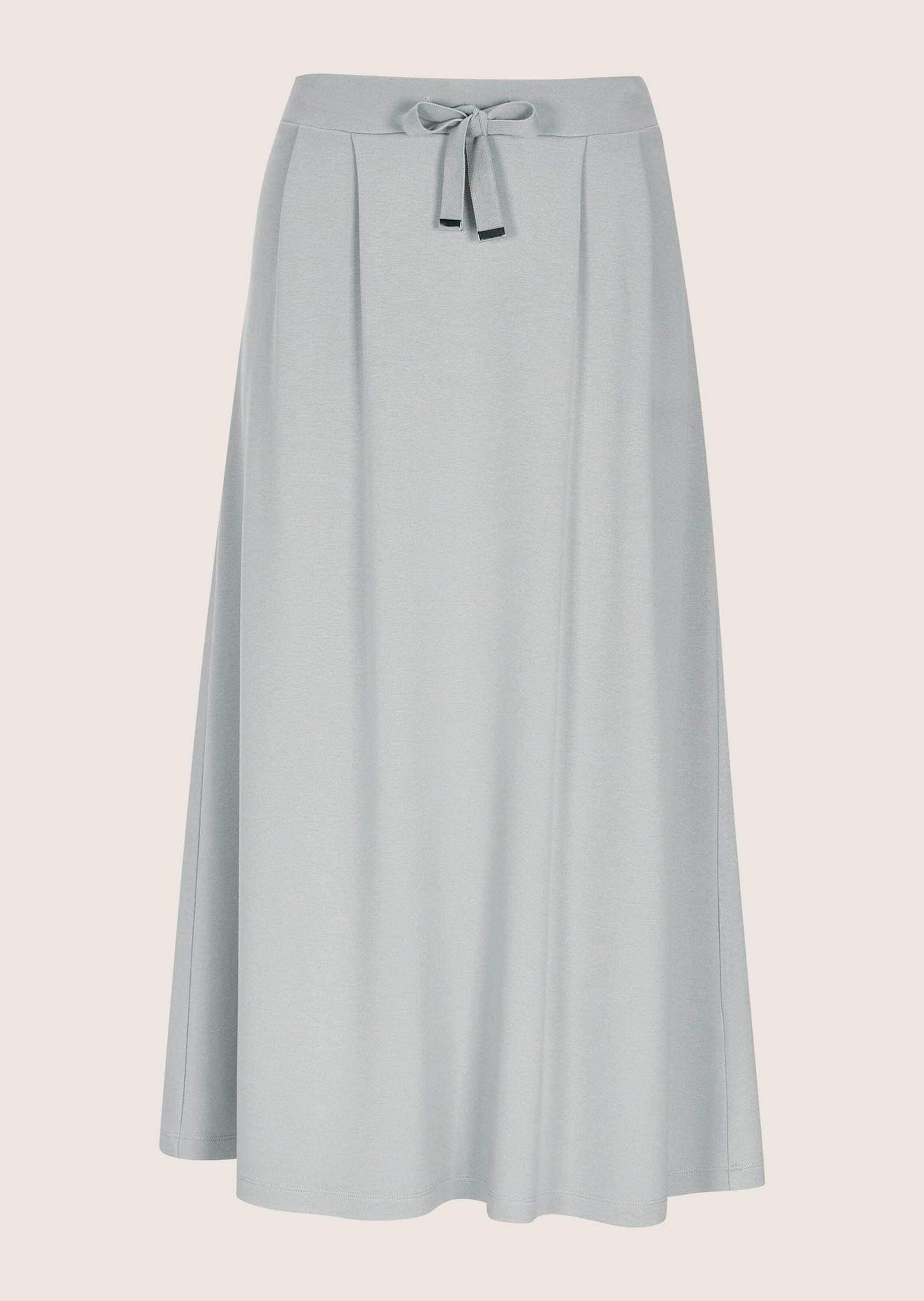 Midirock MADELEINE "Jerseyrock Viskoserock mit Schlupfbund", Damen, Gr. 38, grau (silbergrau), Obermaterial: 65% Viskose CV. 30% Polyester PES. 5% Elasthan EL., Modern, schmal, Röcke, Dezente Bundfalten Image