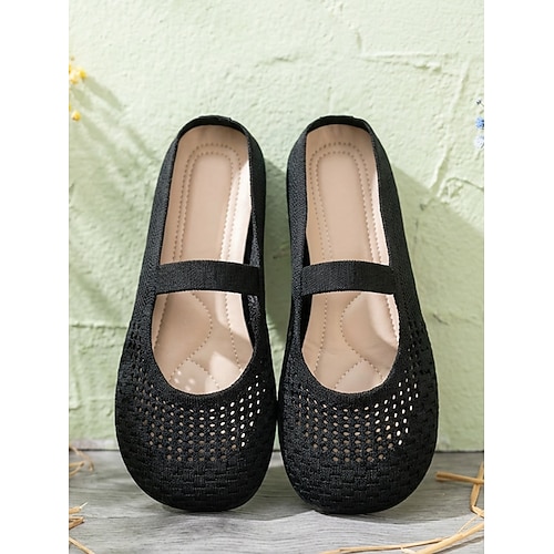 Weiße Flyknit Mary Jane Pantoletten für Damen – atmungsaktive, leichte Freizeitschuhe für Damen, weiche, flexible flache Schuhe für den Alltag, Spaziergänge, Reisen und Freizeitaktivitäten. Image