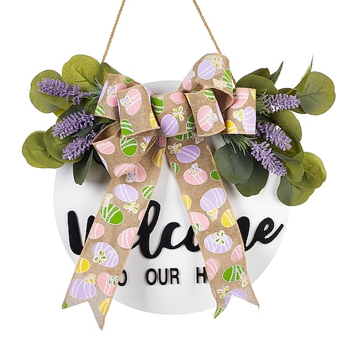 3er-Pack Oster-Willkommensschilder für die Haustür, rustikale runde Türhänger aus Holz mit großer Schleife aus Eukalyptus und Lavendel, frühlingshafte Wanddekoration im Landhausstil für drinnen und Image