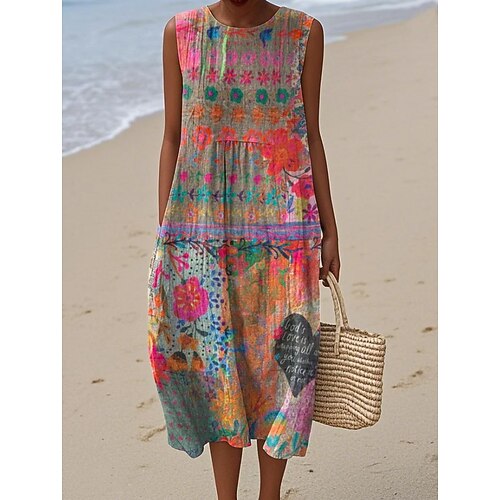 Damen Midikleid Sommerkleid Shiftkleid A Linie Kleid Urlaub Lässig Boho Strand Party Ausgehen Lässiger Schnitt Blumen Grafik Ärmellos Rundhalsausschnitt Hellgelb Dunkelgrün Graues Grün Rot orange Image