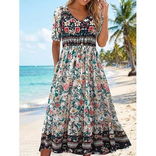 Damen Maxikleid Freizeitkleid Schwingkleid A Linie Kleid Boho-Kleid Lässig Täglich Herbstkleid Normale Passform Blumen Kurzarm V Ausschnitt Schwarz Rote Marineblau Königliches Blau Frühling Herbst Image