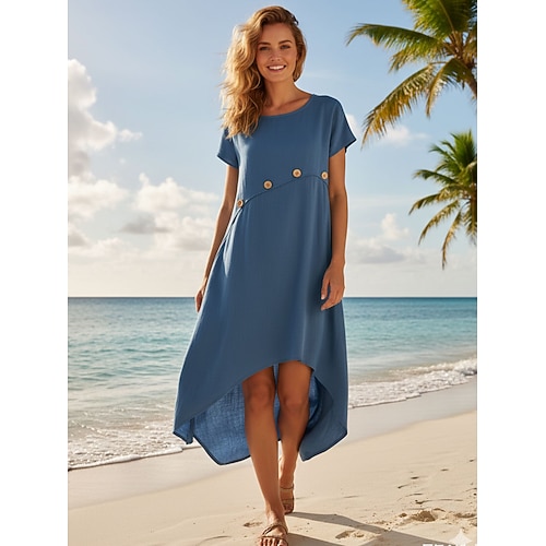 Damen Midikleid A Linie Kleid Sommerkleid Lässig Lässiger Schnitt Einfach Kurzarm V Ausschnitt Blau Weiß Rote Braun Sommer Frühling Image