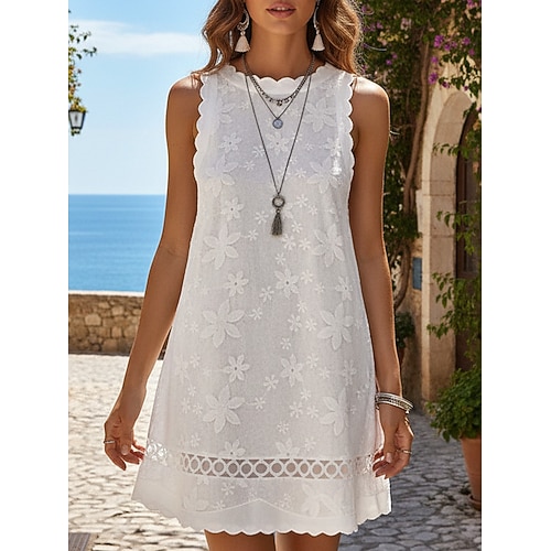 Damen Minikleid Weißes Kleid Freizeitkleid Trägerkleid Elegant Mode Modern Outdoor Urlaub Ausgehen Normale Passform Blumen Ärmellos Rundhalsausschnitt Weiß Sommer Frühling Image