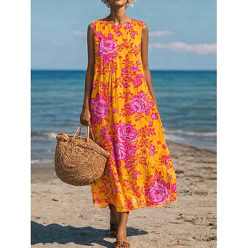 Damen Midikleid Sommerkleid Shiftkleid A Linie Kleid Urlaub Lässig Boho Strand Party Ausgehen Lässiger Schnitt Blumen Grafik Ärmellos Rundhalsausschnitt Hellgelb Dunkelgrün Graues Grün Rot orange Image