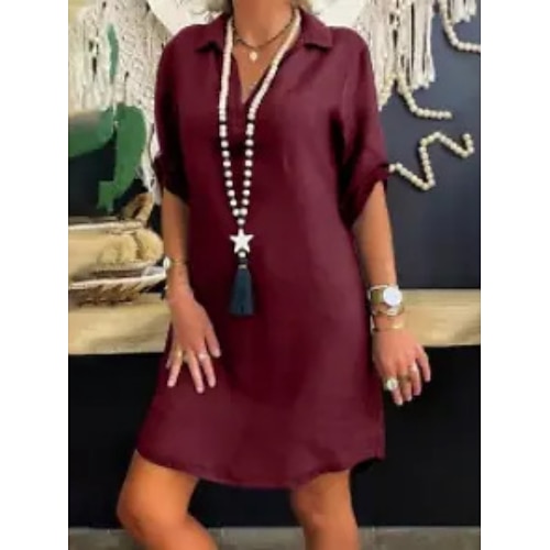 Damen Knielanges Kleid Hemdblusenkleid Freizeitkleid Baumwoll-Kleid Mode Modern Outdoor Urlaub Ausgehen Normale Passform Einfach Kurzarm V Ausschnitt Blau Schwarz Weiß Rote Sommer Frühling Image