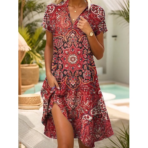 Damen Knielanges Kleid Boho-Kleid Hemdblusenkleid Freizeitkleid Blumenkleid Elegant Mode Modern Outdoor Urlaub Ausgehen Normale Passform Blumen Kurzarm V Ausschnitt Blau Rote Grün Leicht Blau Sommer Image