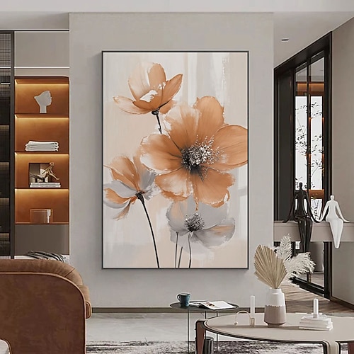 Handgefertigtes abstraktes Design, großformatiges florales Wandbild mit beigen, leuchtenden Mohnblumen und dezenten Blüten, traditionelles florales Wandbild auf Leinwand. Image