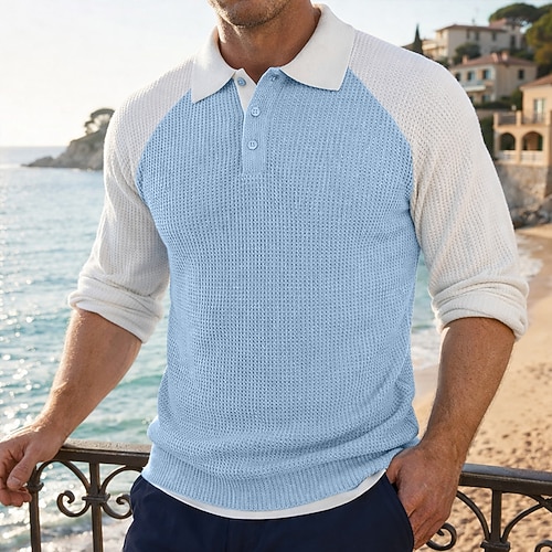 Herren Waffel-Poloshirts Lässig Outdoor Revers Langarm Mode Modern Einfarbig Farbblock Gestrickt Frühling Frühling Herbst Ganzjahres Normale Passform Schwarz Marineblau Purpur Grau Leicht Blau Image
