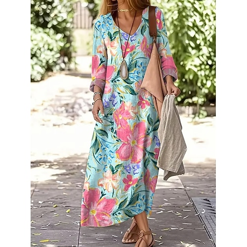 Damen Maxikleid T-Shirt-Kleid Lässig Täglich Lässiger Schnitt Blumen Grafik Langarm V Ausschnitt Blau Gelb Rosa Sommer Frühling Image