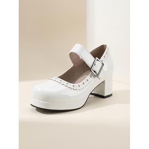 Vintage Mary Jane Pumps im Stil der 1950er Jahre – elegante schwarze Lackleder-Blockabsätze mit geschwungenem Rand für Retro-Partys und Rockabilly-Veranstaltungen Stil der Mitte des Jahrhunderts Image