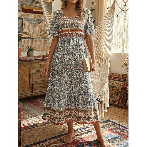 Damen Maxikleid Boho-Kleid Freizeitkleid Schwingkleid A Linie Kleid Lässig Täglich Herbstkleid Normale Passform Blumen Kurzarm V Ausschnitt Blau Schwarz Rote Marineblau Frühling Herbst Image