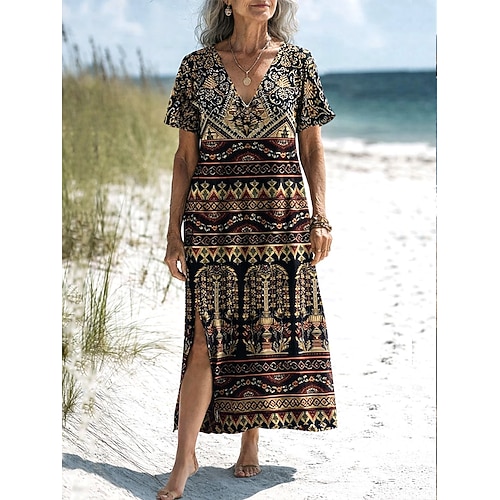Damen Midikleid T-Shirt-Kleid Sommerkleid Shiftkleid Urlaub Lässig Boho Strand Party Normale Passform Grafik Ethnisch Kurzarm V Ausschnitt Dunkelbraun Sommer Frühling Image