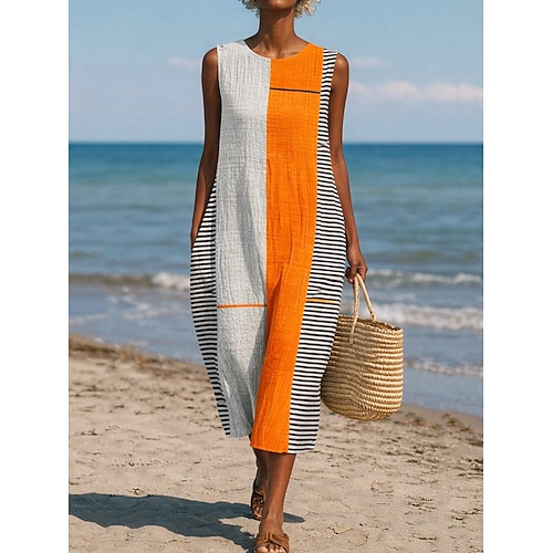 Damen Midikleid Shiftkleid Sommerkleid A Linie Kleid Urlaub Lässig Boho Strand Ausgehen Lässiger Schnitt Grafik Geometrisch Ärmellos Rundhalsausschnitt Blau Weiß Gelb Rosa Sommer Frühling Image