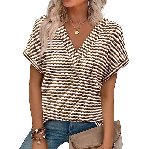 Damen T Shirt T-Shirt Druck Gestreift Mode Stilvoll Klassisch Kurzarm V Ausschnitt Normale Oberteile Täglich Ausgehen Wochenende Schwarz Wein Aprikose Kaffee Sommer Frühling Image