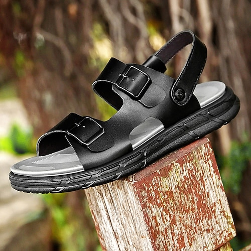 Braune Herren-Sandalen aus Kunstleder mit verstellbarem Zweiriemen, atmungsaktive Zehenstegschuhe für den Sommer, Strand, Freizeit und Alltag Image