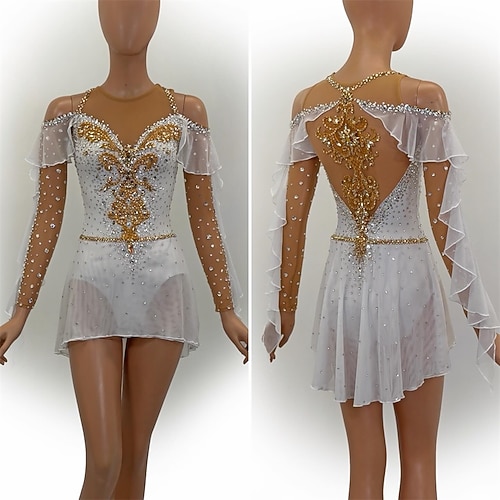 Eiskunstlaufkleid Damen Eislaufen Kleid Weiß Patchwork Offener Rücken Dehnbar Training Wettbewerb Eiskunstlaufkleidung Klassisch Kristall / Strass Kurzarm Eislaufen Eiskundstlauf Image