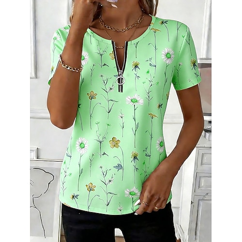 Damen T Shirt Reißverschluss Blumen Grafik Pflanzen Stilvoll Lässig Kurzarm Rundhalsausschnitt Normale Oberteile Täglich Sport Wochenende Blau Gelb Rosa Purpur Grün Sommer Frühling Image