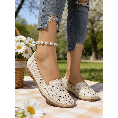 Weiße, atmungsaktive Damen-Loafer mit Cut-outs, floraler Stickerei, weicher, gepolsterter Innensohle – elegante und bequeme Mokassins für unterwegs, perfekt zum Spazierengehen, Reisen, Picknicken und Image