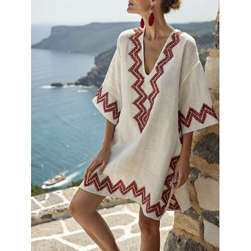 Damen Minikleid Boho-Kleid Strandkleid Freizeitkleid Elegant Mode Modern Outdoor Urlaub Ausgehen Lässiger Schnitt Geometrisch Gestreift Halbarm V Ausschnitt Blau Schwarz Rote Leicht Braun Sommer Image