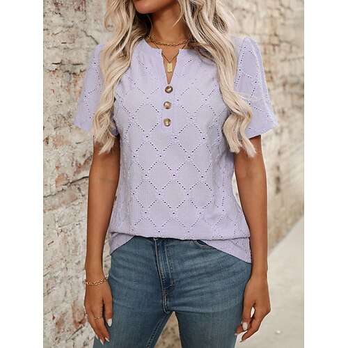 Damen T Shirt T-Shirt Knöpfe Einfach Mode Stilvoll Klassisch Kurzarm V Ausschnitt Normale Oberteile Täglich Ausgehen Wochenende Schwarz Weiß Rosa Purpur Sommer Frühling Image