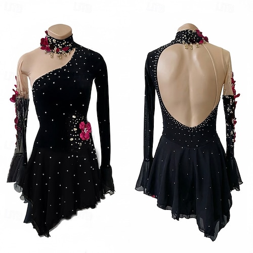 Eiskunstlaufkleid Damen Eislaufen Kleid Schwarz Patchwork Offener Rücken Hohe Elastizität Training Wettbewerb Eiskunstlaufkleidung Klassisch Kristall / Strass Langarm Eislaufen Eiskundstlauf Image