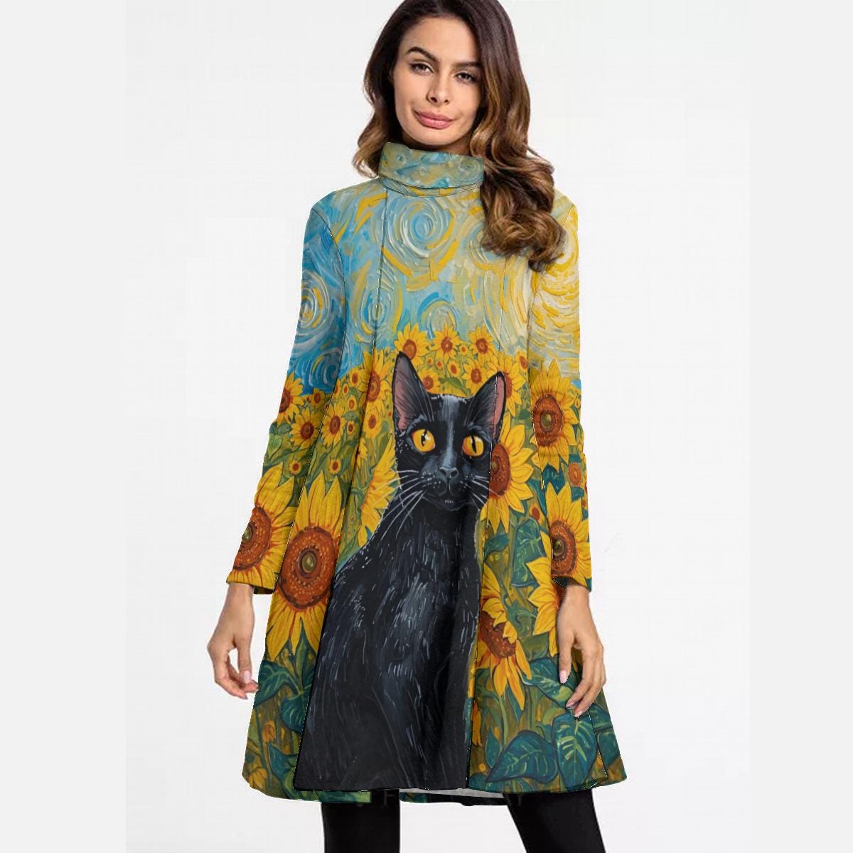 Sunflower Black Cat High Neck Kleid mit langen Ärmeln, Sunflower Black Cat Rollkragenkleid, süßes Katzenkleid, Cat Van Gogh inspiriertes Kunstkleid