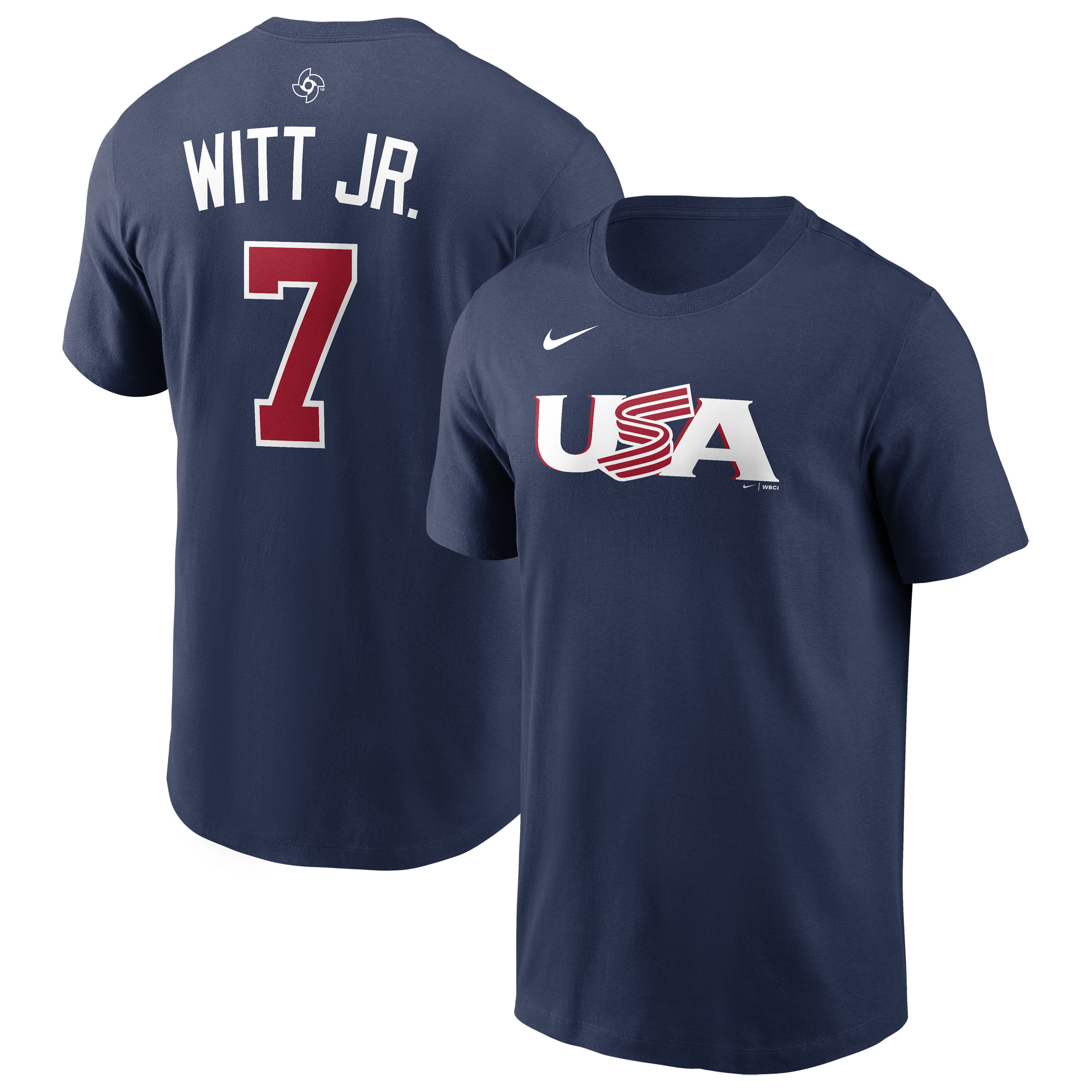 "Nike Bobby Witt Jr. Herren-T-Shirt in Marineblau, USA Baseball 2026, World Baseball Classic, Name & Nummer" Image