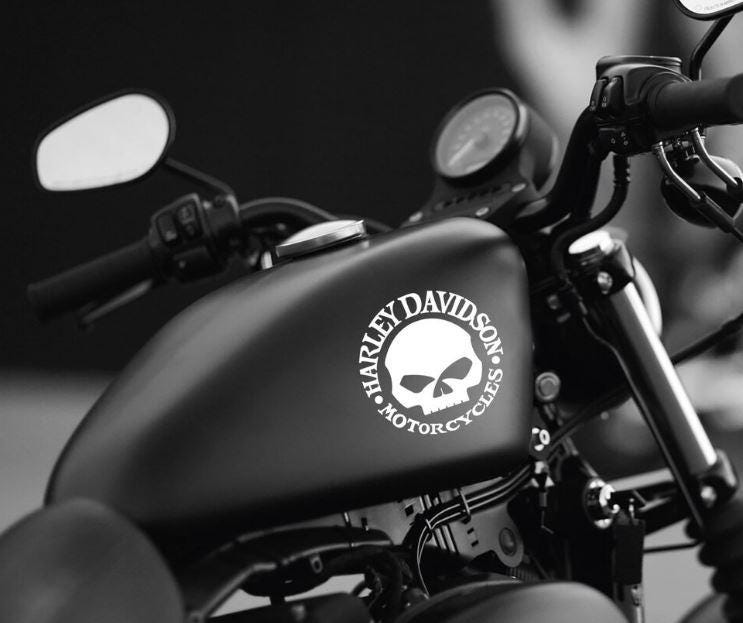 Due adesivi con teschio Harley Davidson per moto, serbatoio carburante, logo, emblema, sportster