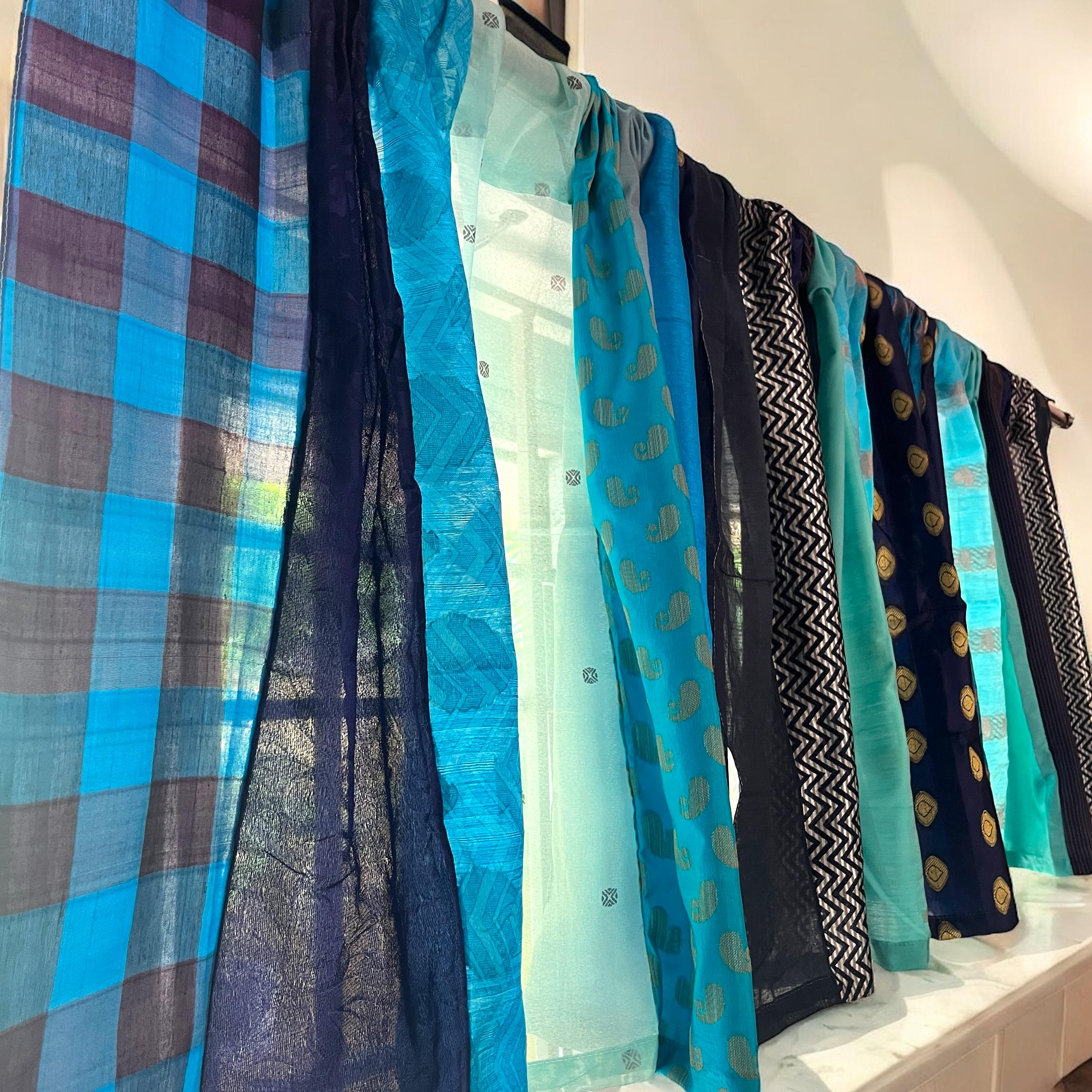 Tenda per sari Boho blu, tenda per sari fatta a mano e riciclata con strisce di sari, tende trasparenti per porte e finestre, tenda per sari Boho, arr