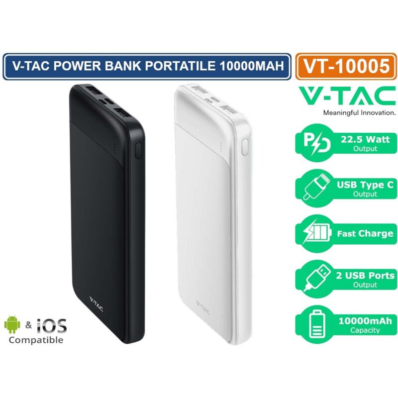 Vt-10005 Power Bank Portatile 10000mah Con Ricarica Rapida Pd E Indicatore Led Di Carica Colore Nero & Bianco - Sku 7833 7834 - Colore: Nero - V-tac
