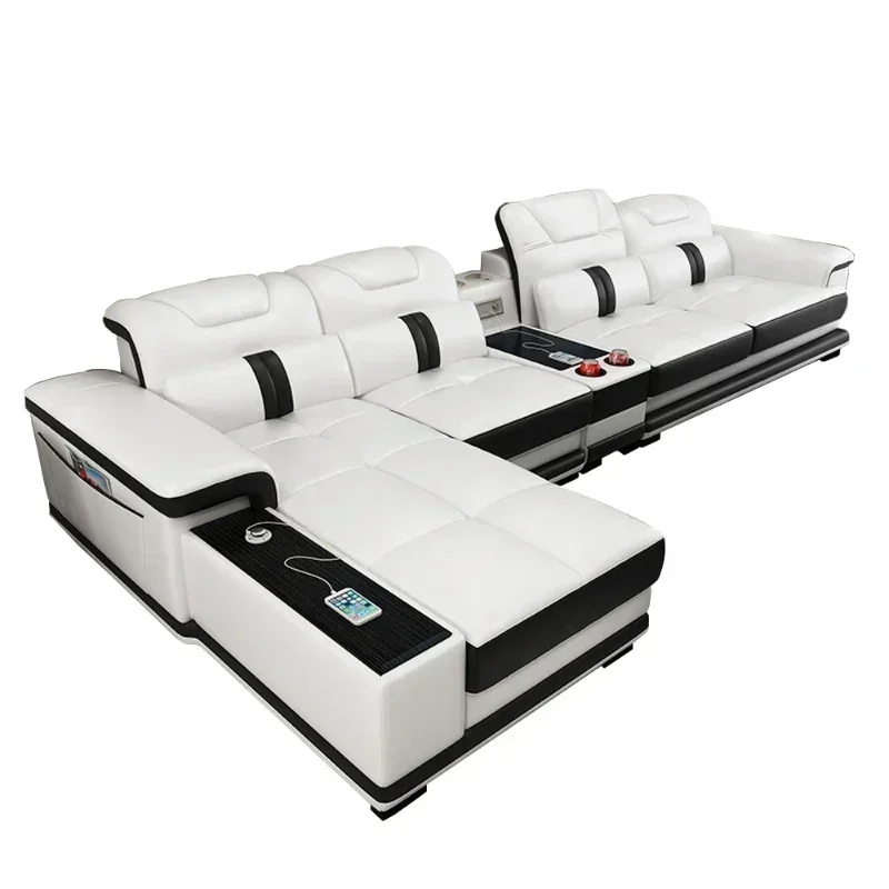 Premium Hochwertige Langlebige Wohnzimmer-Sofagarnitur Ecksofa mit Lautsprecher Echtes Rindsleder Sektionalsofas