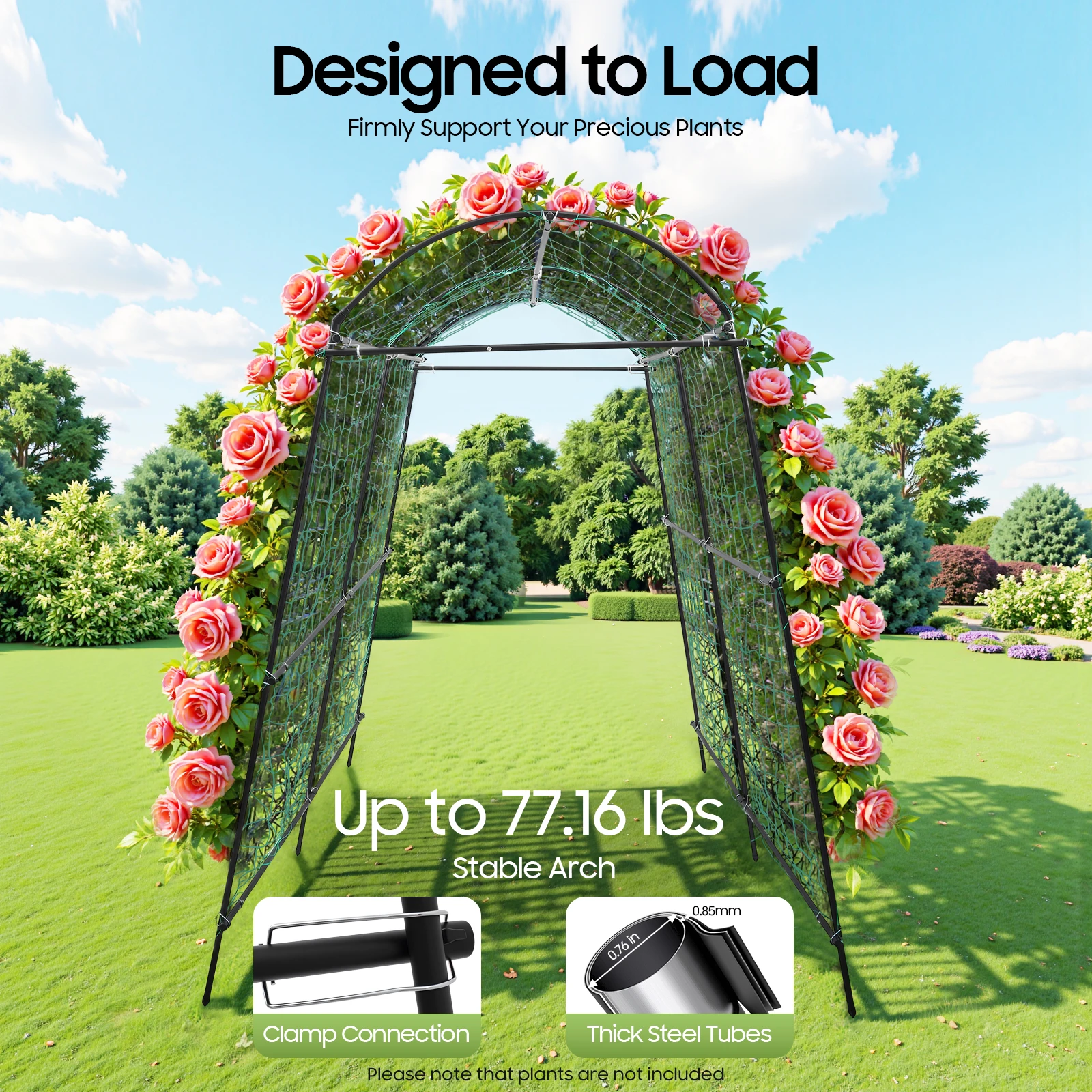 Gartenspalier für Kletterpflanzen, 230 cm hohes Stahlbogenspalier mit Netz, Pflanzenstütze aus schwarzem Metall für Weinreben im Freien, Tomaten Image