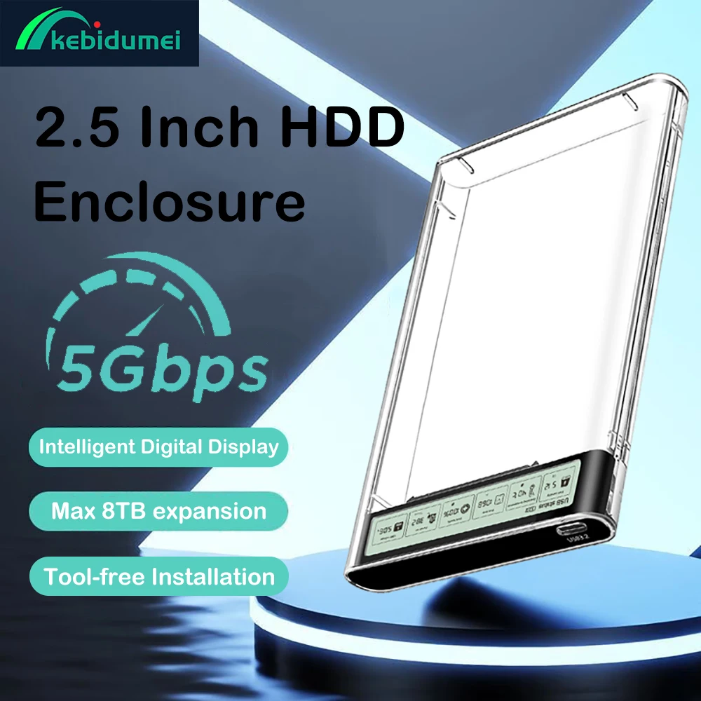 2,5-Zoll-HDD-Gehäuse 5 Gbit/s USB 3.2 zu SATA-Festplattengehäuse Intelligente Digitalanzeige Externe transparente Hülle Festplattenbox Image