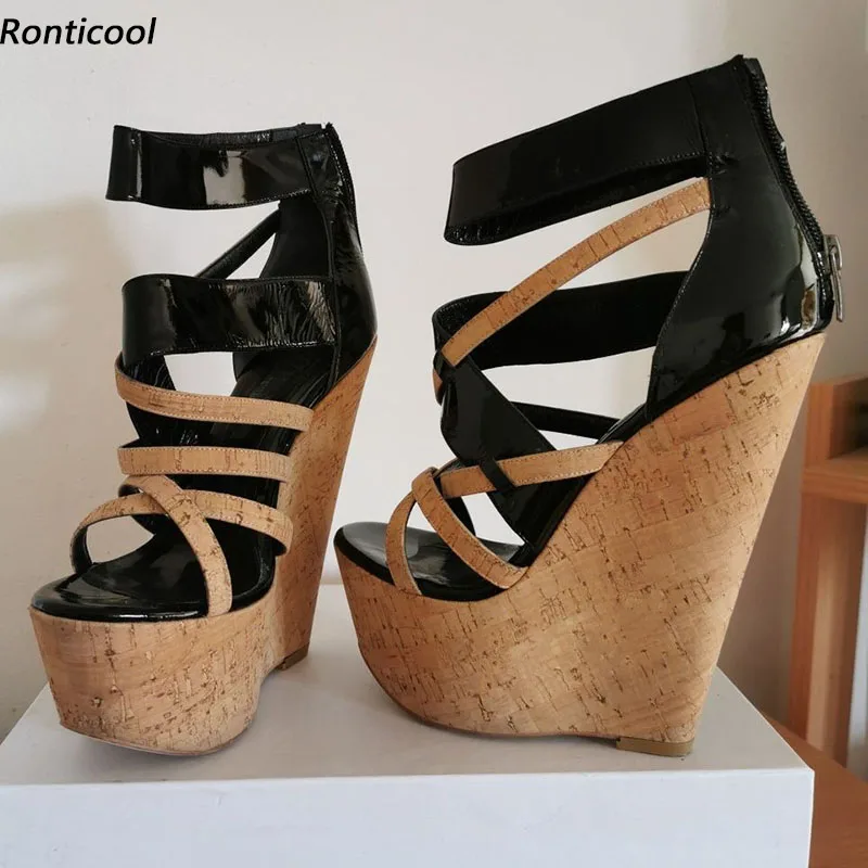 Ronticool Handgefertigte Damen-Sommersandalen mit Keilabsatz, runder Zehenbereich, schöne schwarze Freizeitschuhe für Damen, US-Größe 5–15