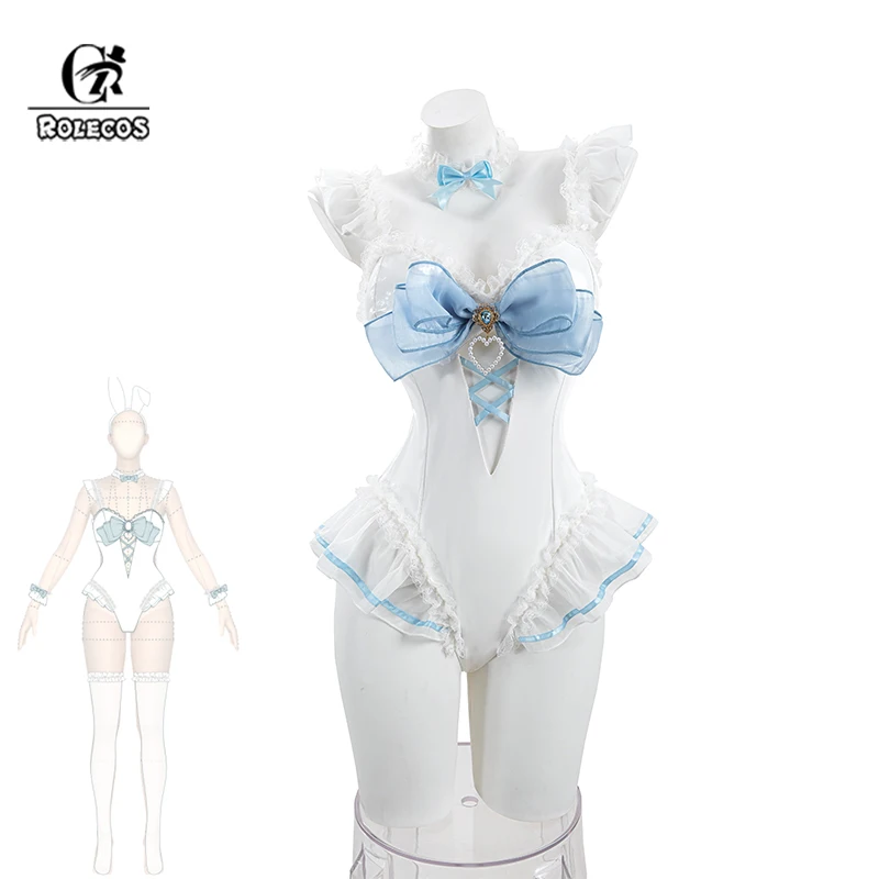 ROLECOS Original Blau-Weißer Braut-Hasenanzug für Damen, Elastisches Leder, Spitzenrüschen, Sexy Cosplay-Anzug, Halloween-Jumpsuit