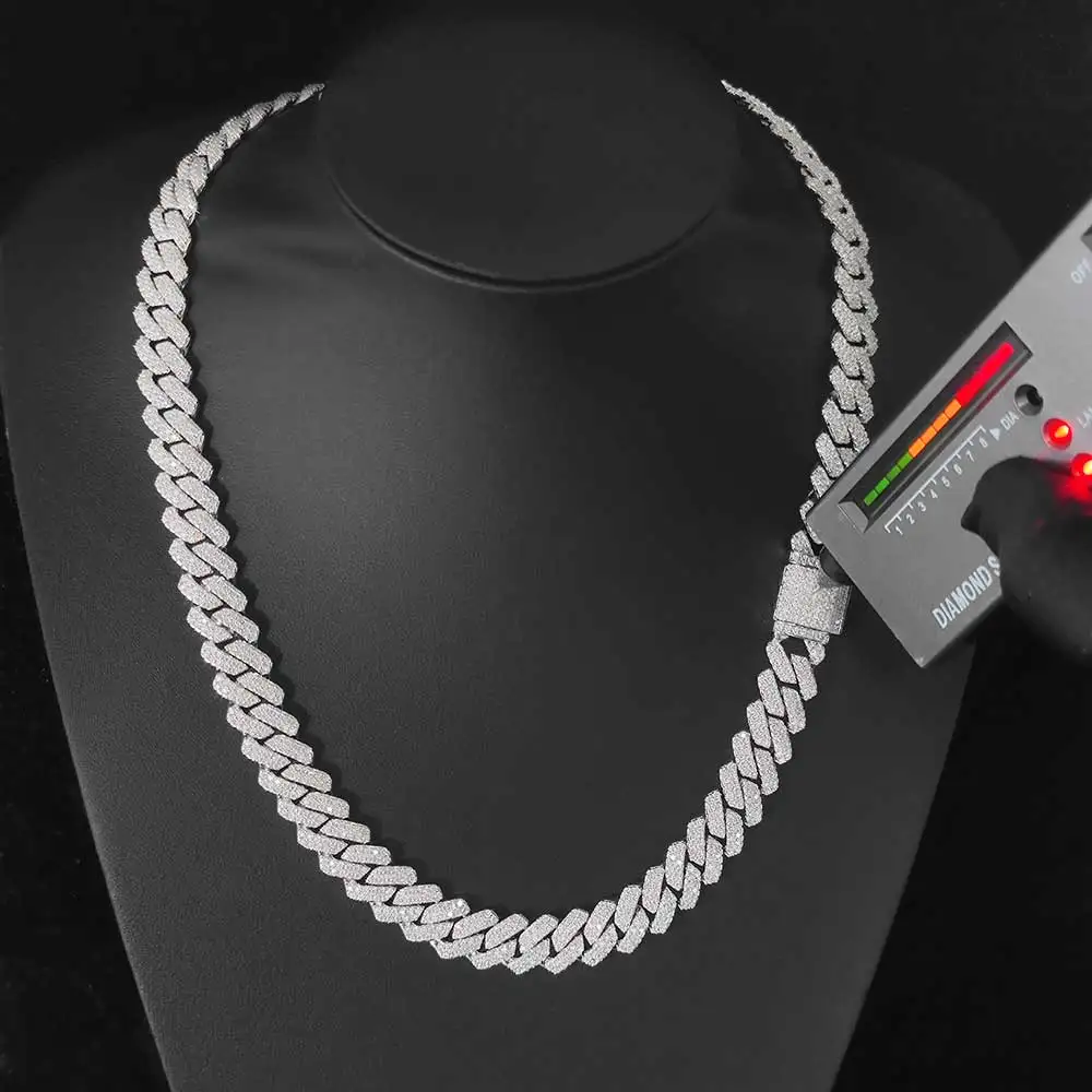 Hip Hop 14 mm 2 Reihen Diamant kubanische Halskette mit Mikro-Moissanit S925 Sterling Silber Herren kubanische Gliederkette VVS Schmuck Image