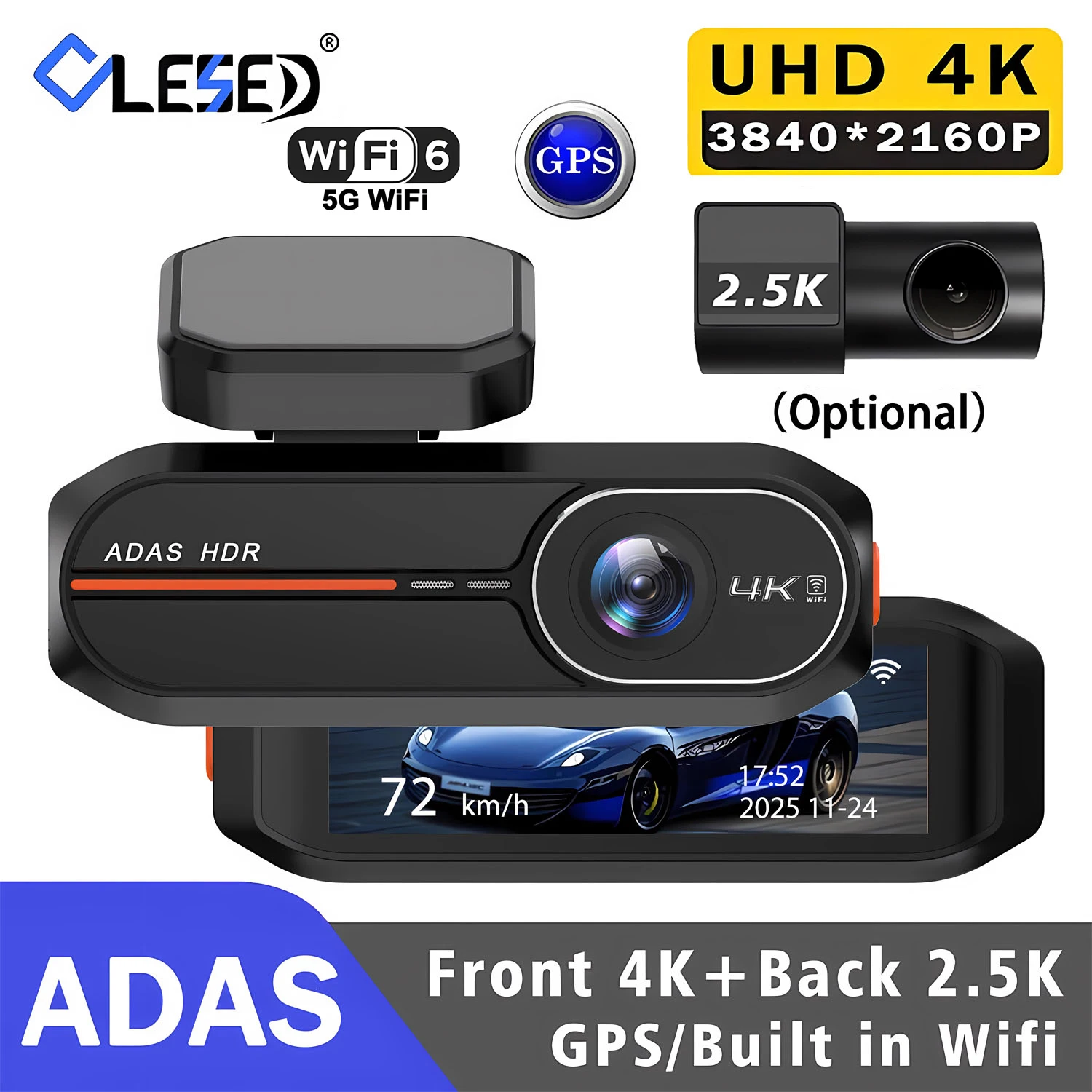 Caméra embarquée 4K 3840*2160P WiFi GPS ADAS Avant 4K Arrière 2.5K Enregistreur vidéo DVR Vision nocturne 24H Caméra embarquée pour voiture Boîte noire