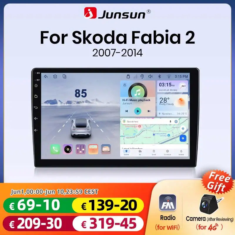 Junsun Wireless CarPlay Android Auto Autoradio für Skoda Fabia Mk2 (5J) 2007-2014 mit integriertem Lüfter, Android GPS-Navigation, Multimedia-Player, WiFi, DSP, RDS, BT, SWC, IPS-Touchscreen, Image