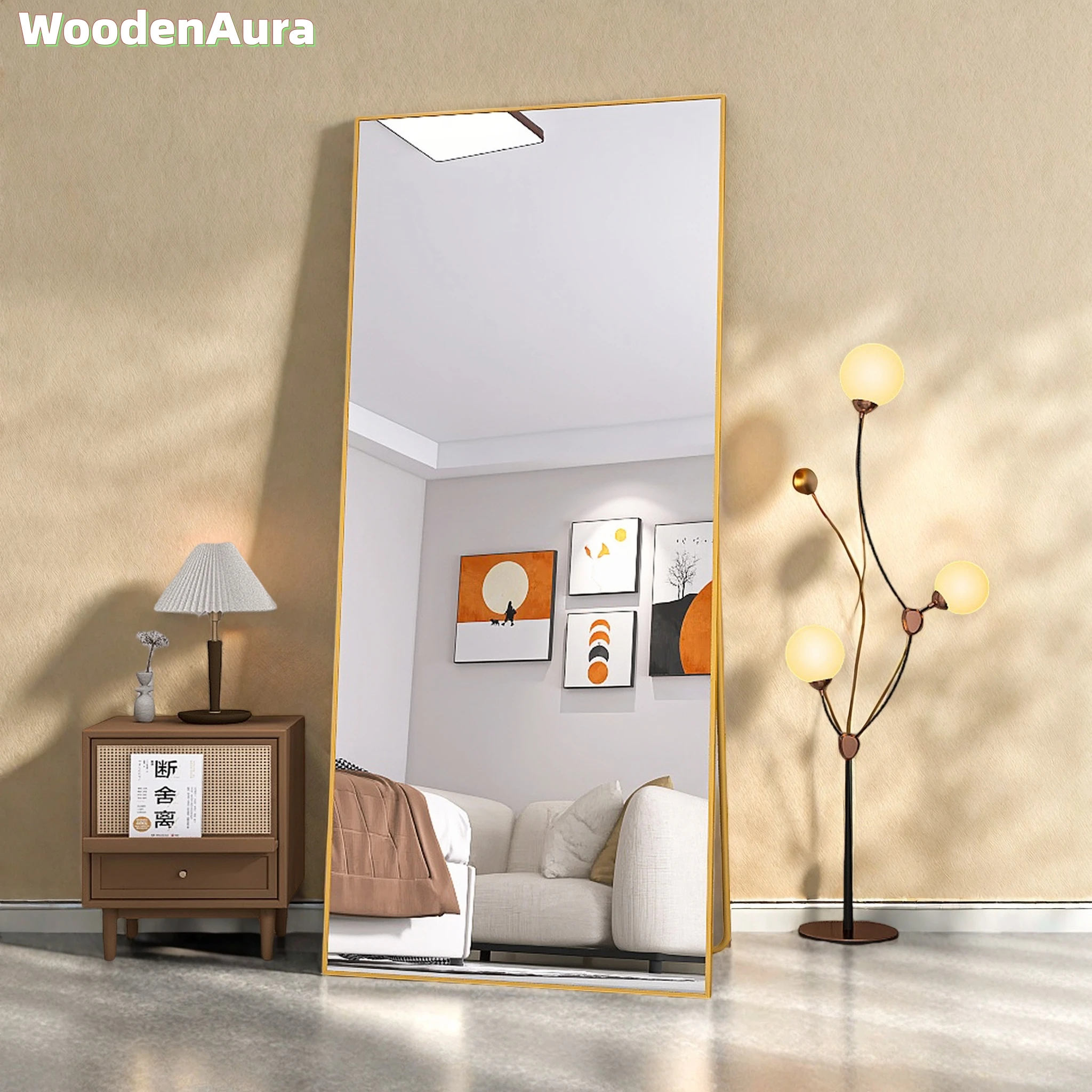 WoodenAura Ganzkörperspiegel, Standspiegel, 180 x 80 cm, gehärtetes Glas, Rahmen aus Aluminiumlegierung, standspiegel ganzkörperspiegel, goldfarben