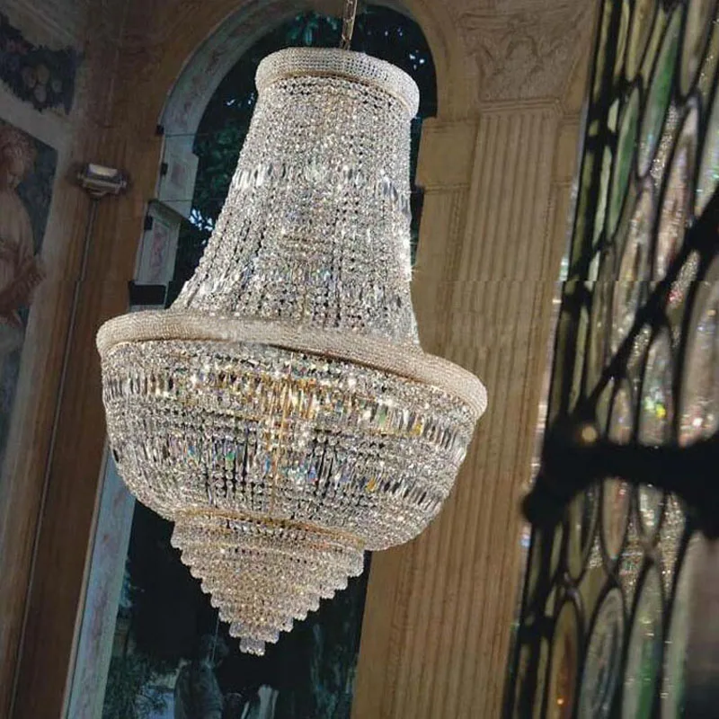 Phube Große Empire Gold Kristall Kronleuchter Licht Für Treppe Hängen Lampe Für Foyer Lobby Moderne Chrom Lange Hängen Licht