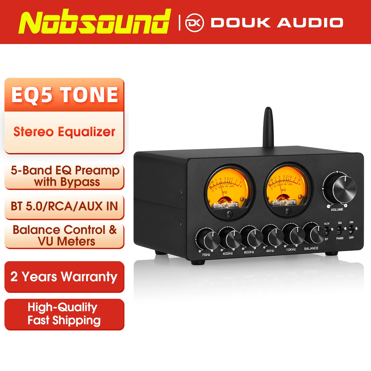 Nobsound EQ5 TONE 5-Band EQ Equalizer Audio Vorverstärker mit VU Meter Stereo Bluetooth Empfänger für Lautsprecher/Verstärker Image