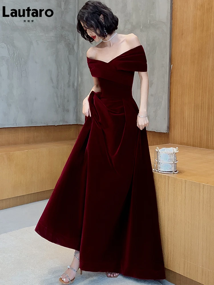 Lautaro Frühling, lang, luxuriös, elegant, weinrot, weicher Samt, Abendparty, Hochzeitskleider für Frauen 2022, schulterfreies Maxikleid Image