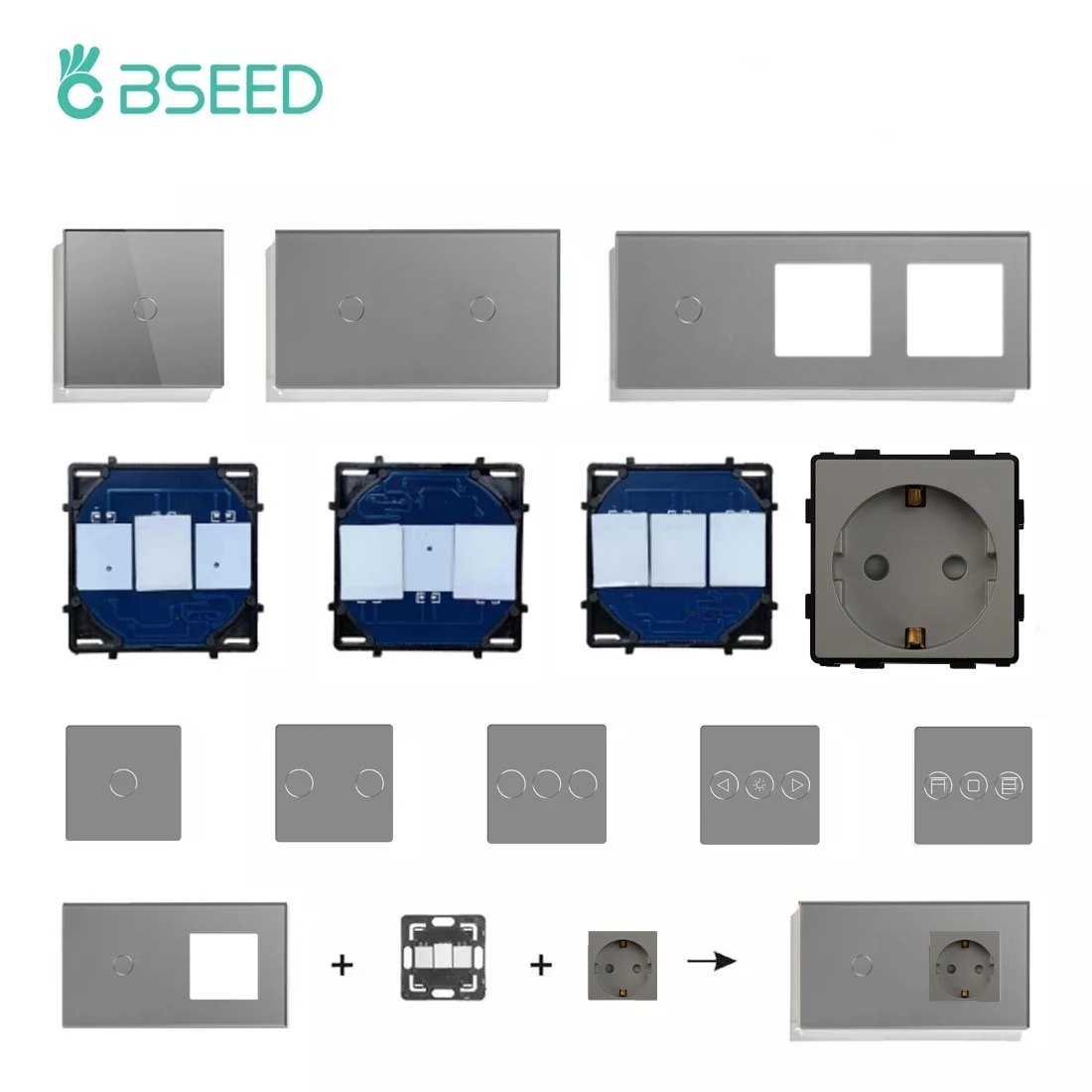 BSEED Touch Licht Schalter 1/2/3Gang Dimmer Schalter Funktion Teile Glas Panel Grau EU Steckdose Stecker DIY freie Kombination
