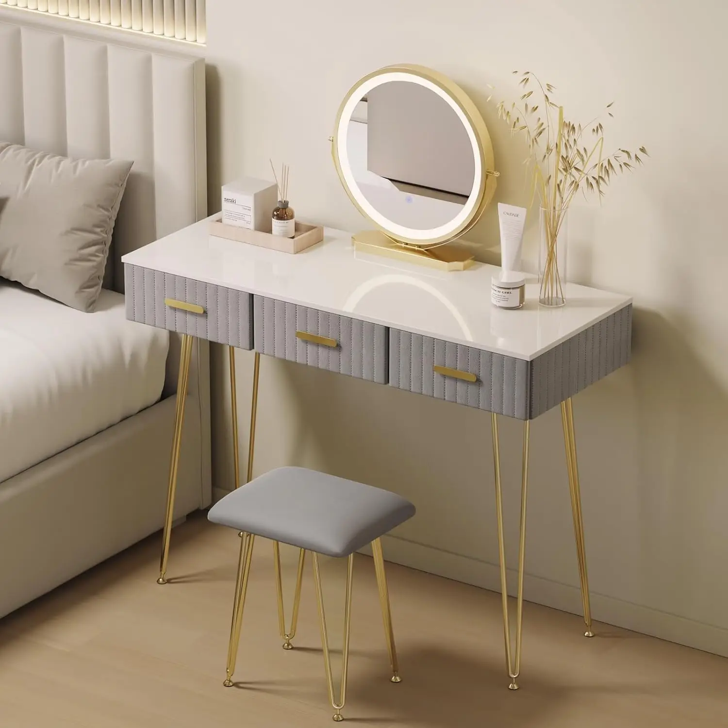 MB6108gr Schminktisch mit Beleuchtung und Hocker, Schminktisch mit Spiegel, 3 Massivholzschubladen, große Hochglanz-Tischplatte 10 Image