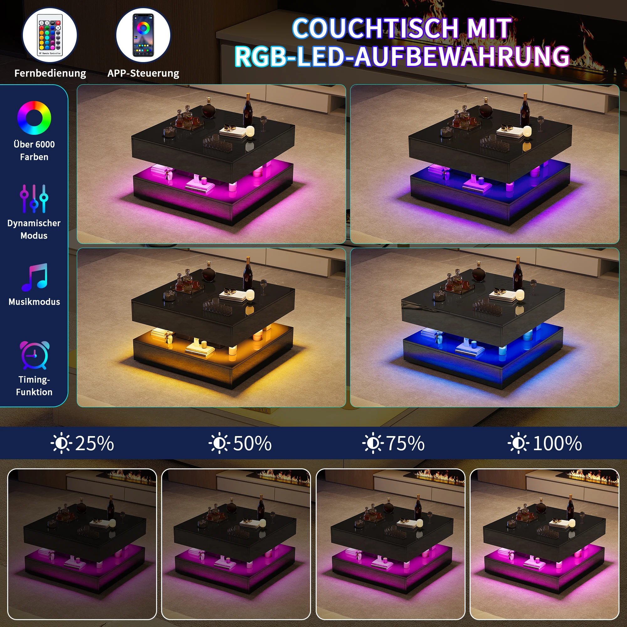 Superaly 78×78×43cm Moderner Couchtisch, 2 Aufbewahrungsschubladen und LED-Beleuchtung, Hochglanzplatten für Wohnzimmer, Schlafzimmer