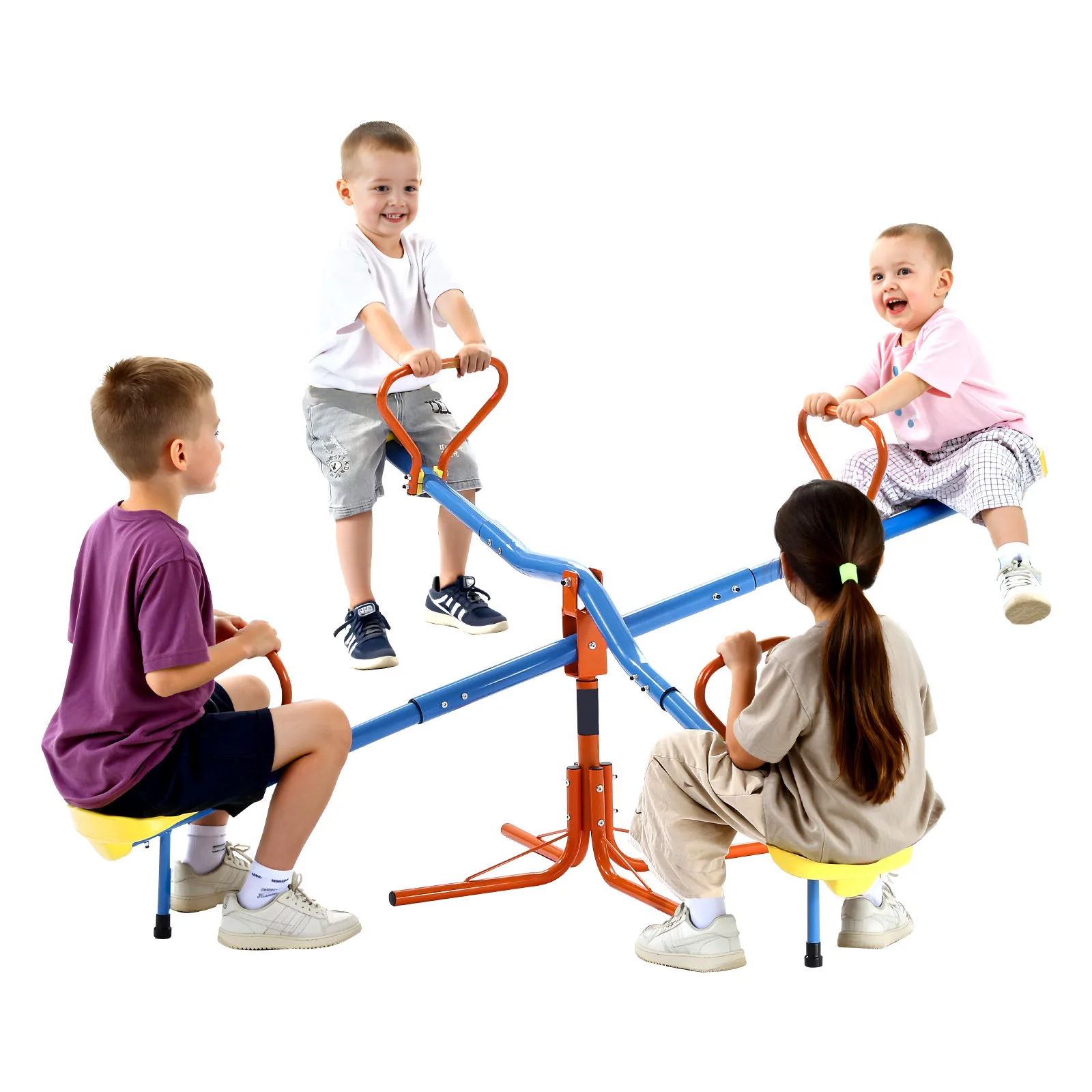 SucceBuy 4-Sitzer-Wippe für Kinder, Sit & Spin Teeter Totter mit 4-poligen Stützbeinen und 360° ° Rotierende Spielgeräte für Kinder im Freien Image
