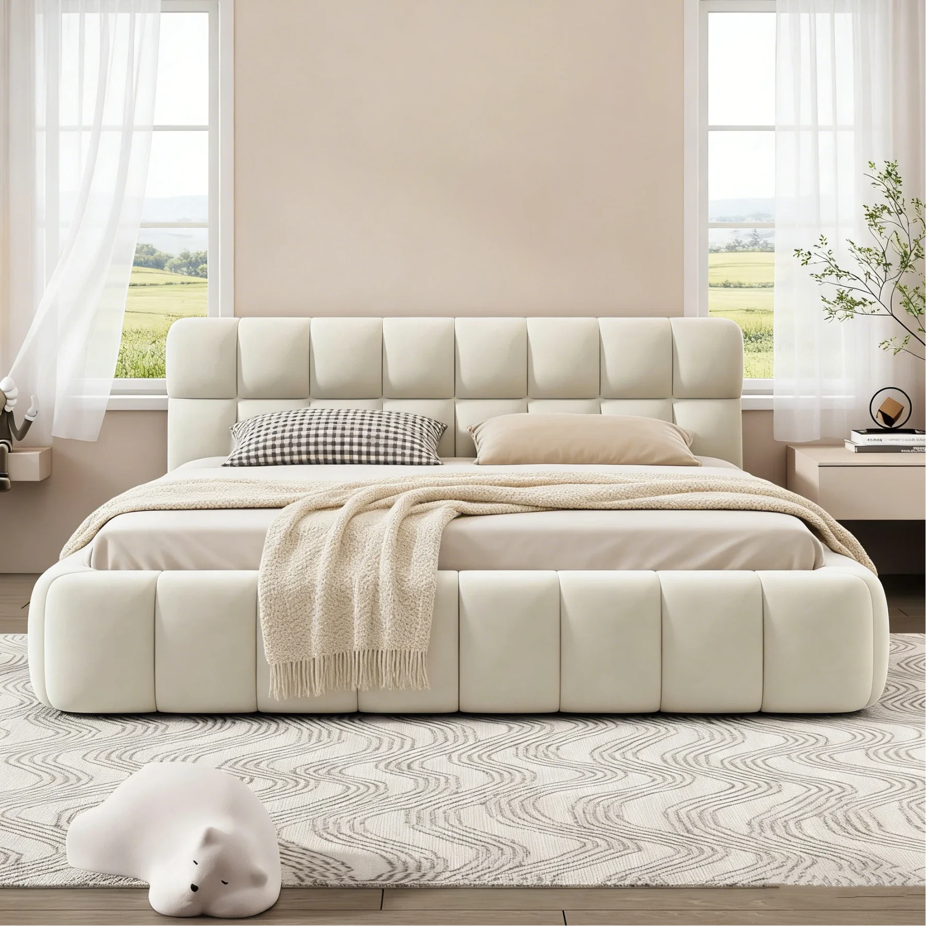 Gepolstertes Bubble-Bett, 140 x 190 cm, Doppelbett mit Spitzenbesatz, Jugendbett, mit Lattenrost, Leinenstoff, Matratze nicht im Lieferumfang enthalten