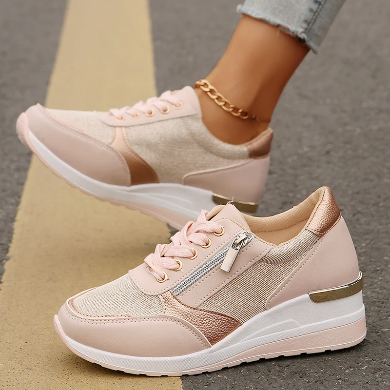 2025, neue Mode Rosa Keil Turnschuhe Frauen Leichte Atmungsaktive Casual Sport Schuhe Frau Plus Größe Plattform Vulkanisierte Schuhe